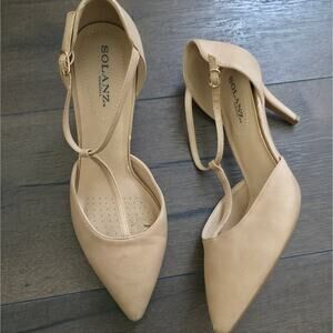 SOLANZ Nude Pointed T-Strap Heels